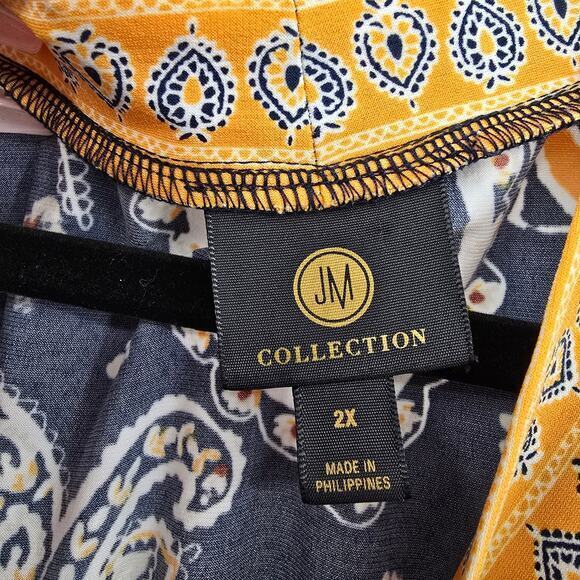 JM Collection Women's Plus Floral V Neck Waist Tie Detail‎ Blouse Blue Yellow 2X - Picture 5 of 12